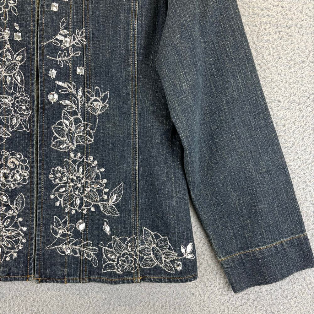 Chicos Silver Denim Jacket Medium Boho Artsy Embroidery Maximal Embellish Floral - Picture 4 of 11